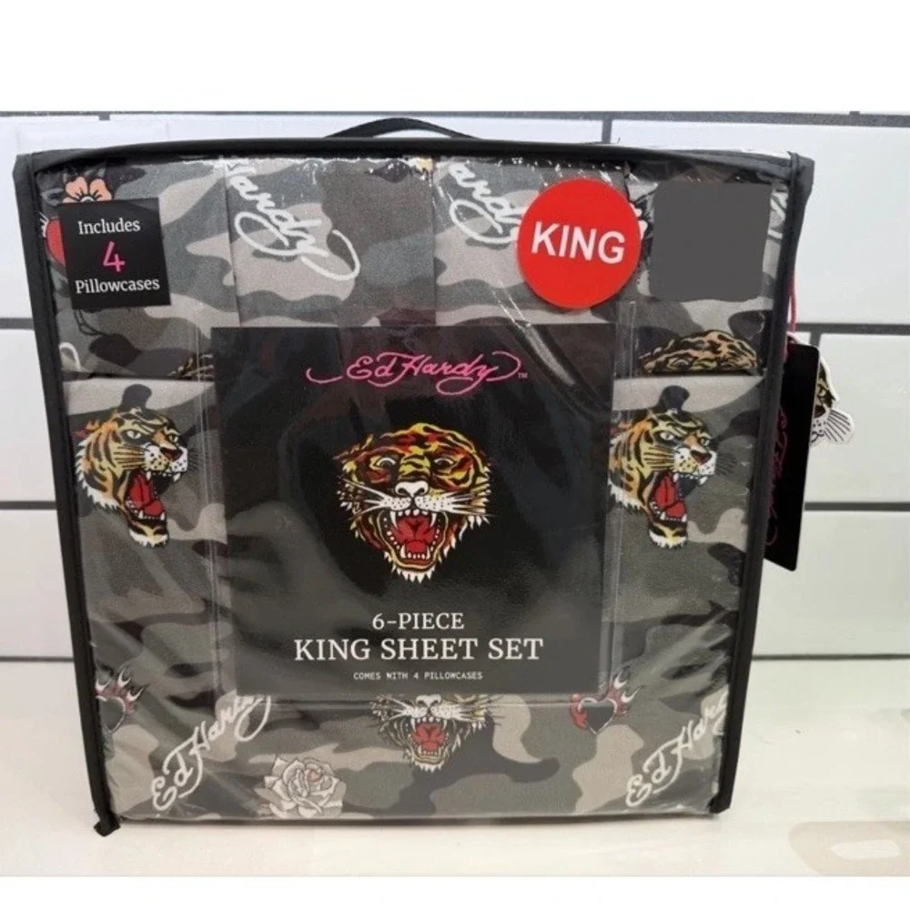 NEW 5-pc ED HARDY‎ KING GREY TIGER Camo FLAT SHEET + 4 KING PILLOWCASES SET